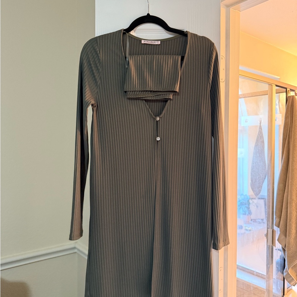 Blue Blush Long Sleeve Ribbed Cardigan with tube top in Olive